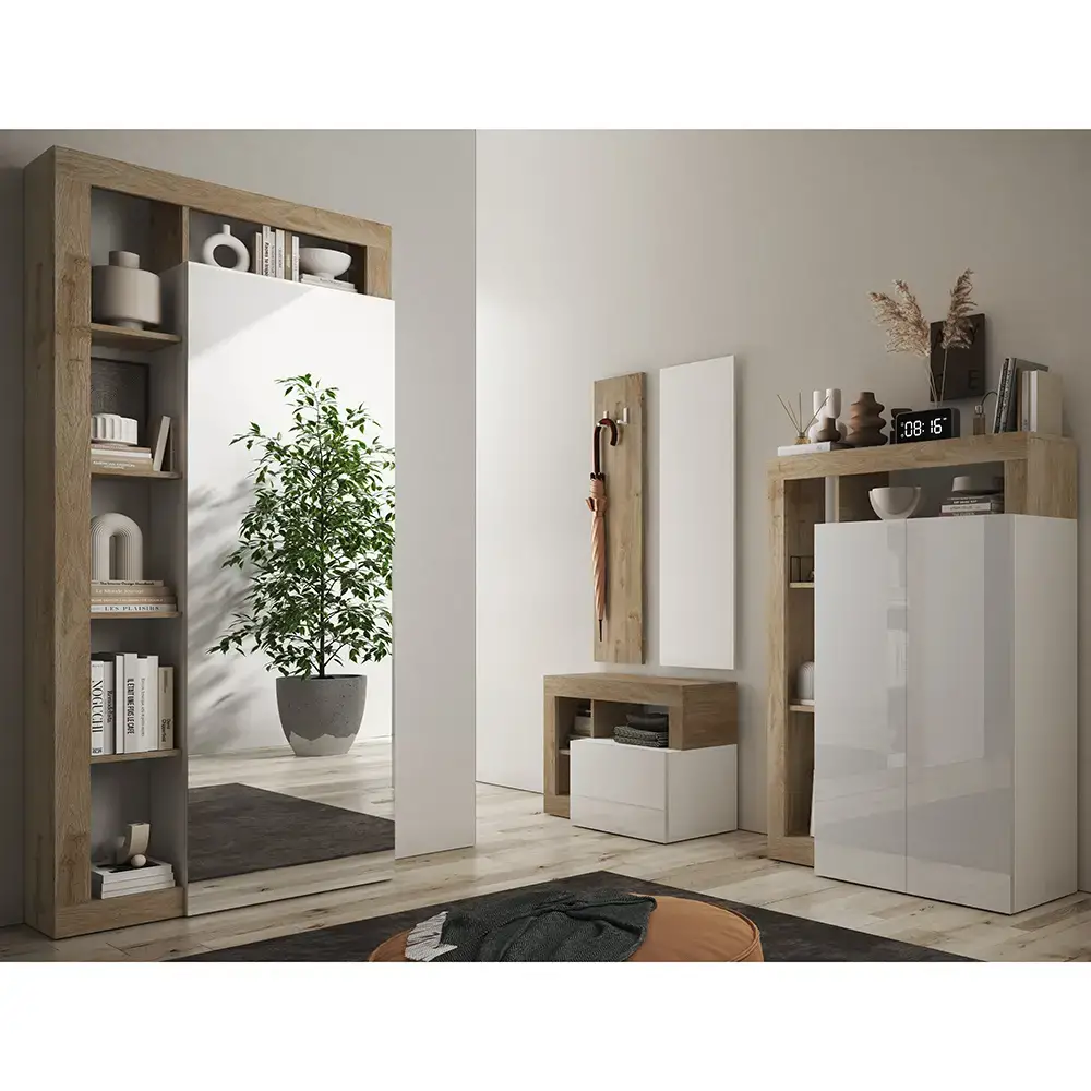 Lomadox Garderobenschrank in Hochglanz weiß und Eiche, HANOI-05 Flash Sale