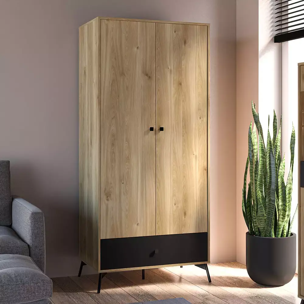 Lomadox Garderobenschrank Kleiderschrank in Castello Eiche Nb. mit schwarz ARONA-131 2-türig mit Kleiderstange und Schubkasten, B/H/T: ca. 90/200/55 cm Exklusivangebot