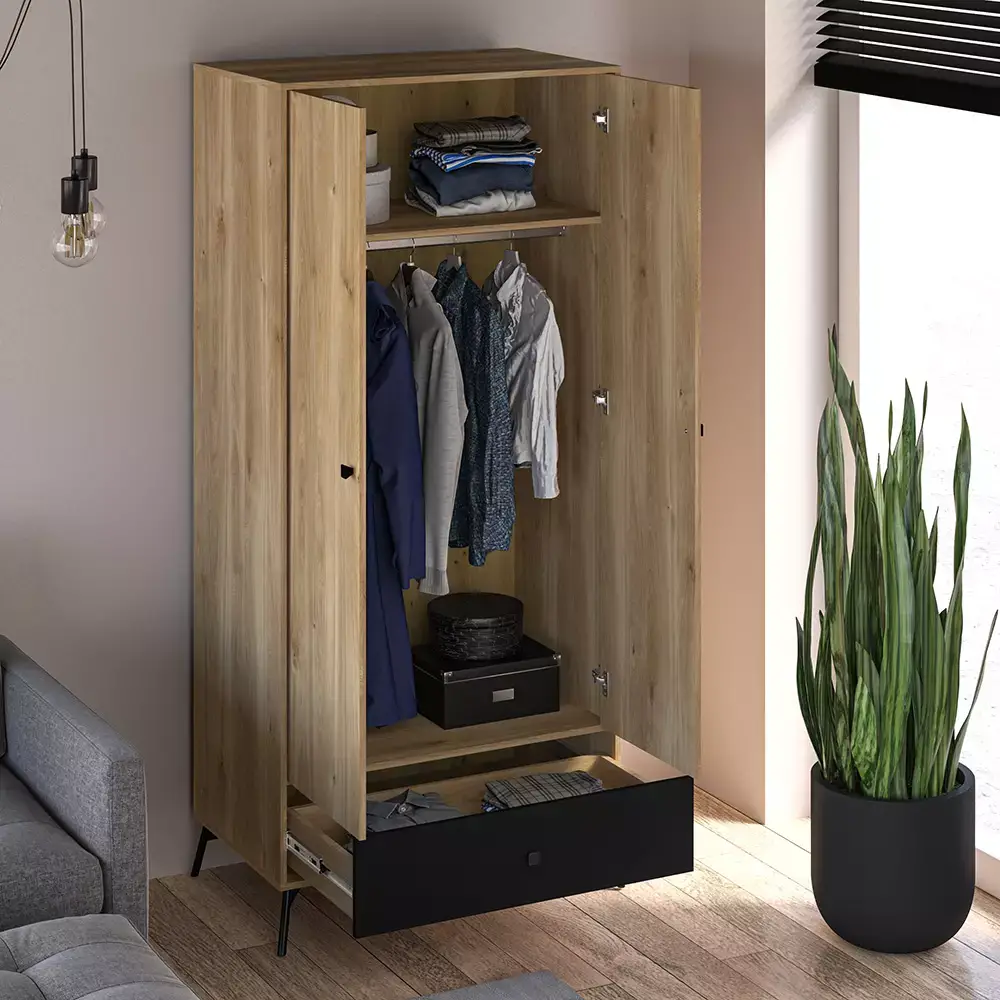 Lomadox Garderobenschrank Kleiderschrank in Castello Eiche Nb. mit schwarz ARONA-131 2-türig mit Kleiderstange und Schubkasten, B/H/T: ca. 90/200/55 cm Exklusivangebot