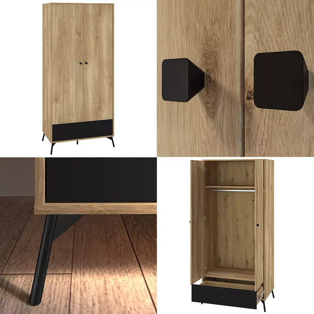 Lomadox Garderobenschrank Kleiderschrank in Castello Eiche Nb. mit schwarz ARONA-131 2-türig mit Kleiderstange und Schubkasten, B/H/T: ca. 90/200/55 cm Exklusivangebot
