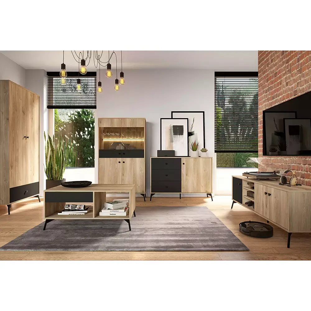 Lomadox Garderobenschrank Kleiderschrank in Castello Eiche Nb. mit schwarz ARONA-131 2-türig mit Kleiderstange und Schubkasten, B/H/T: ca. 90/200/55 cm Exklusivangebot