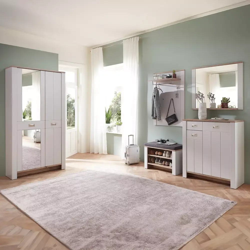Lomadox Garderobenschrank matt grau mit Eiche mit Spiegel DEVON-36 Landhausstil, 98 cm breit, 2-türig Saisonschlussverkauf