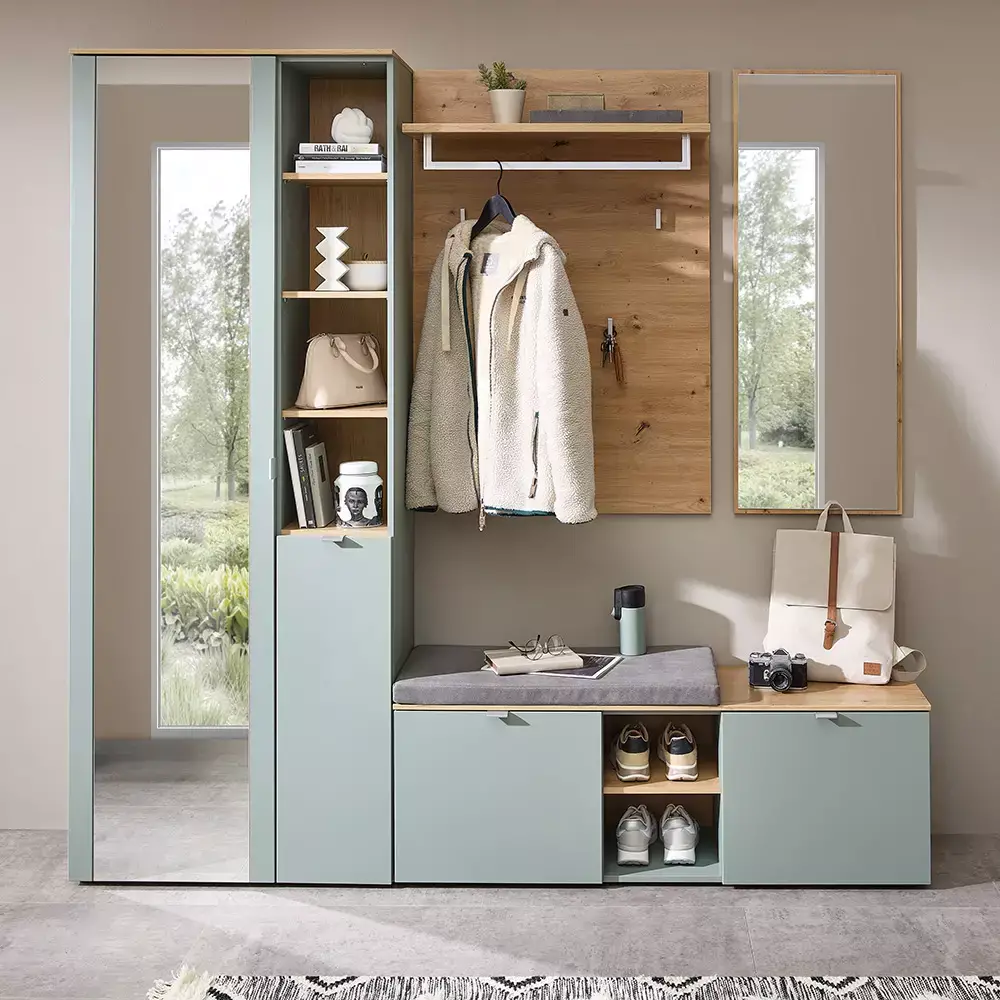 Lomadox Garderobenschrank mit Spiegel grün matt mit Eiche BLISS-36 Weihnachtsangebot
