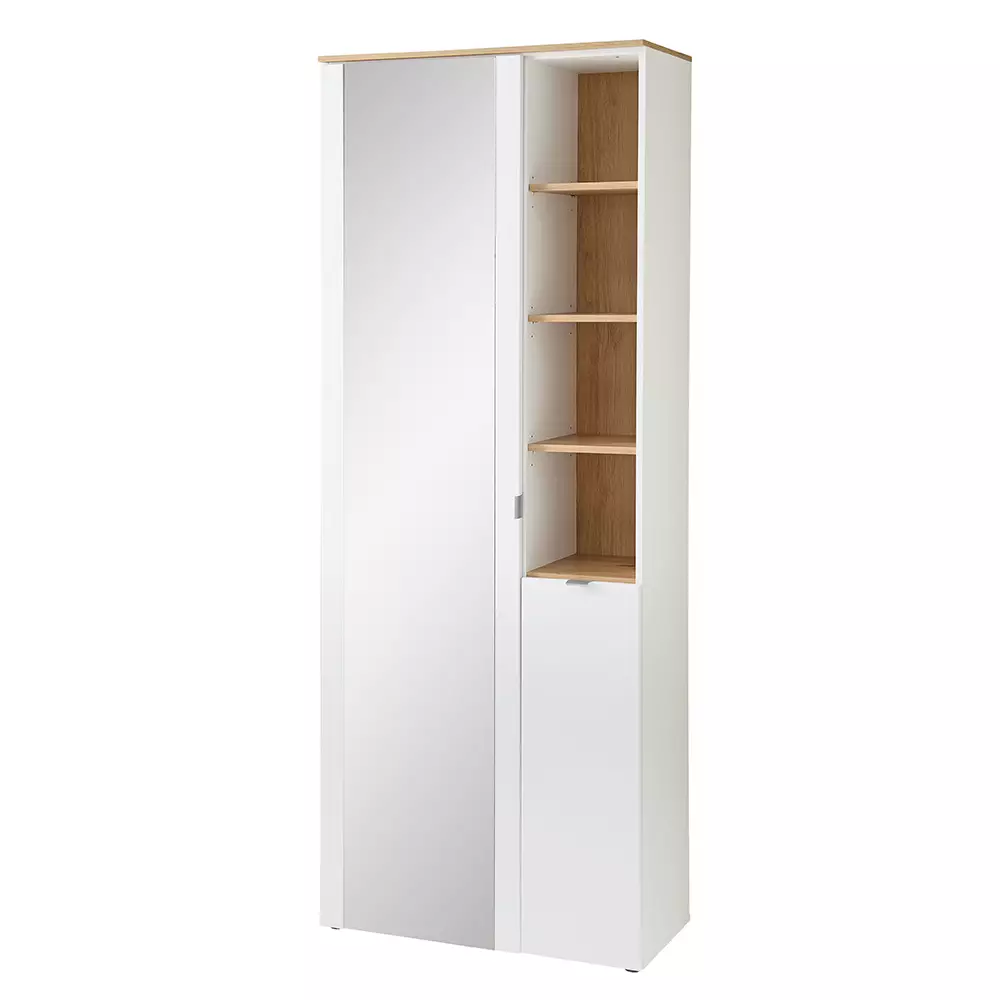 Lomadox Garderobenschrank mit Spiegel weiß matt mit Eiche BLISS-36
