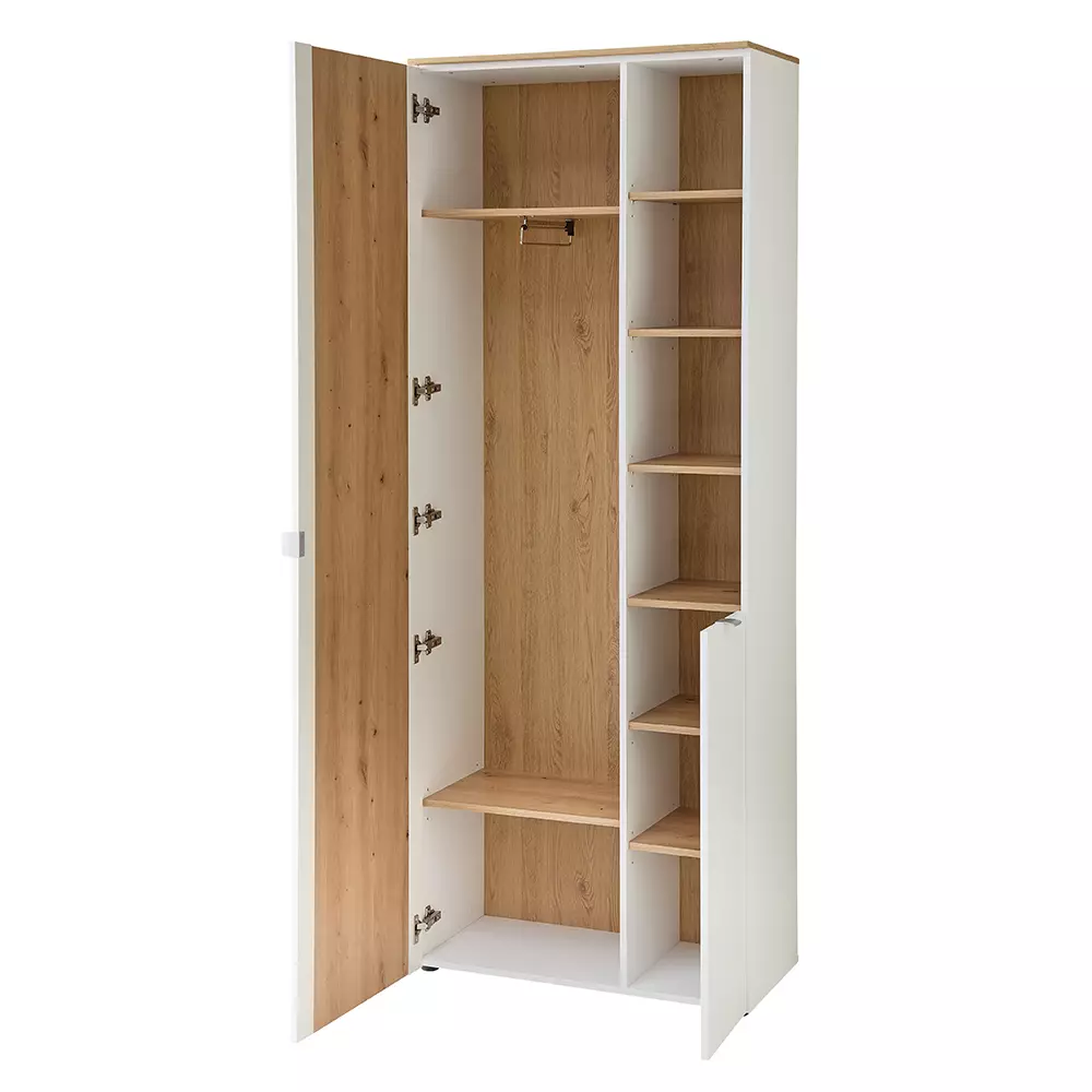 Lomadox Garderobenschrank mit Spiegel weiß matt mit Eiche BLISS-36 Osterangebot