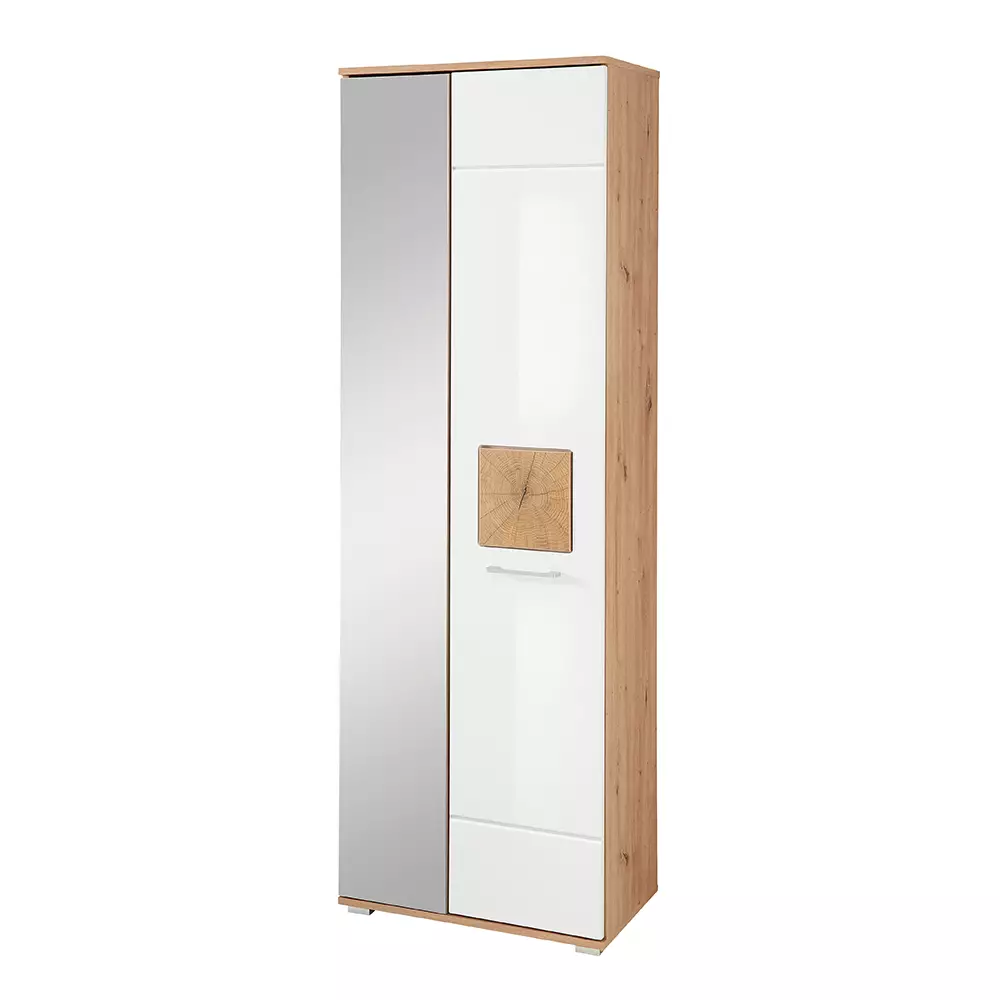 Lomadox Garderobenschrank mit Spiegeltür, Eiche Nb. mit weiß Hochglanz FARGO-36, B/H/T ca. 65/195/38 cm
