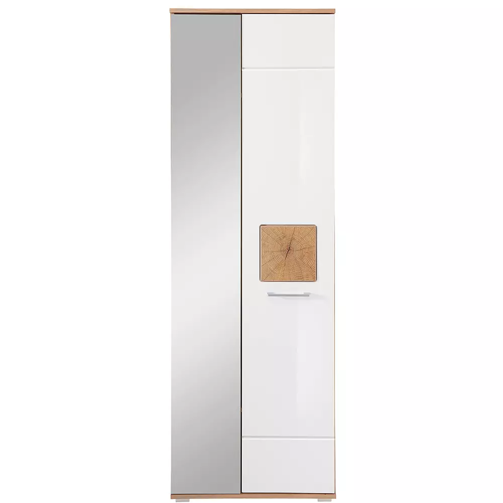 Lomadox Garderobenschrank mit Spiegeltür, Eiche Nb. mit weiß Hochglanz FARGO-36, B/H/T ca. 65/195/38 cm Muttertagsangebot