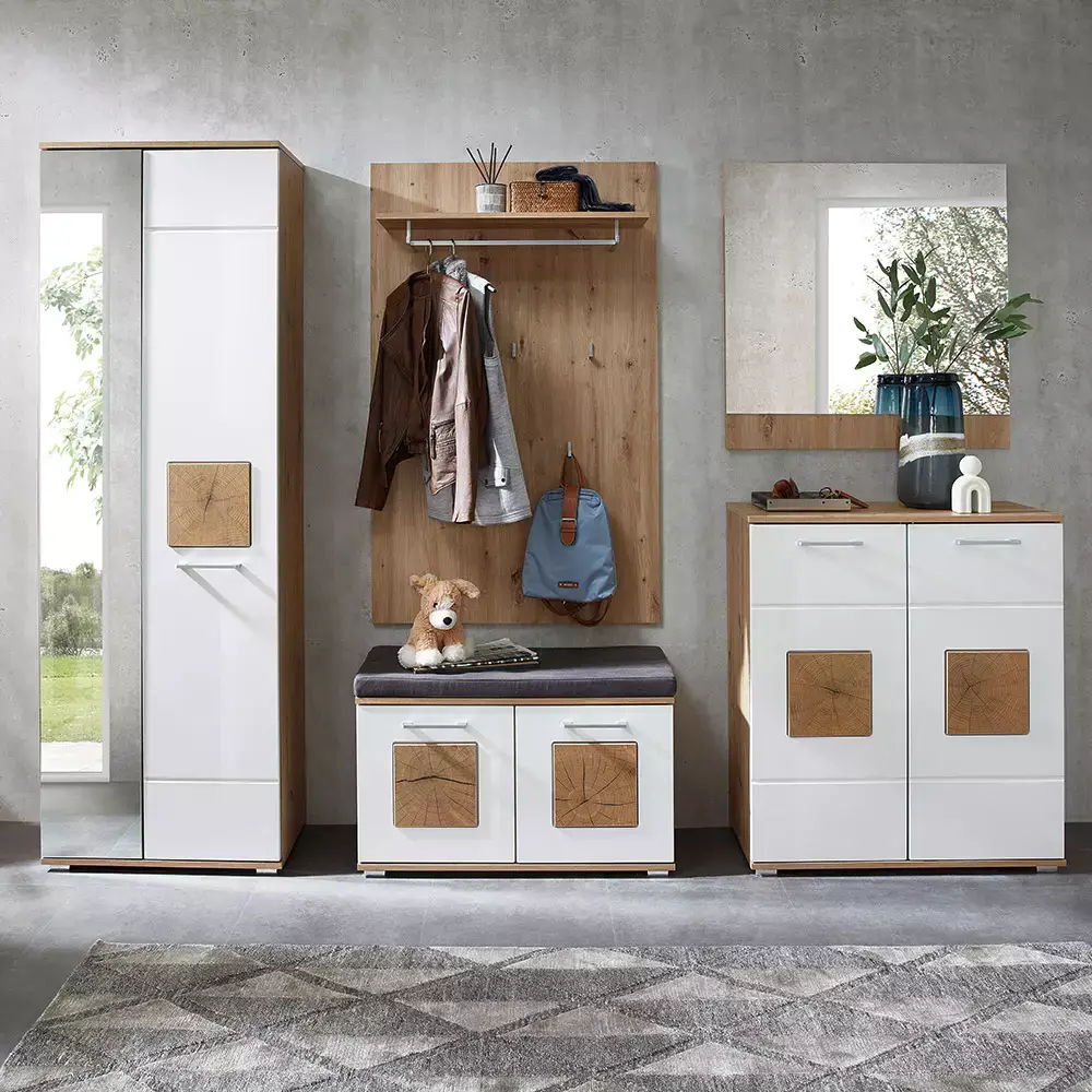 Lomadox Garderobenschrank mit Spiegeltür, Eiche Nb. mit weiß Hochglanz FARGO-36, B/H/T ca. 65/195/38 cm Muttertagsangebot