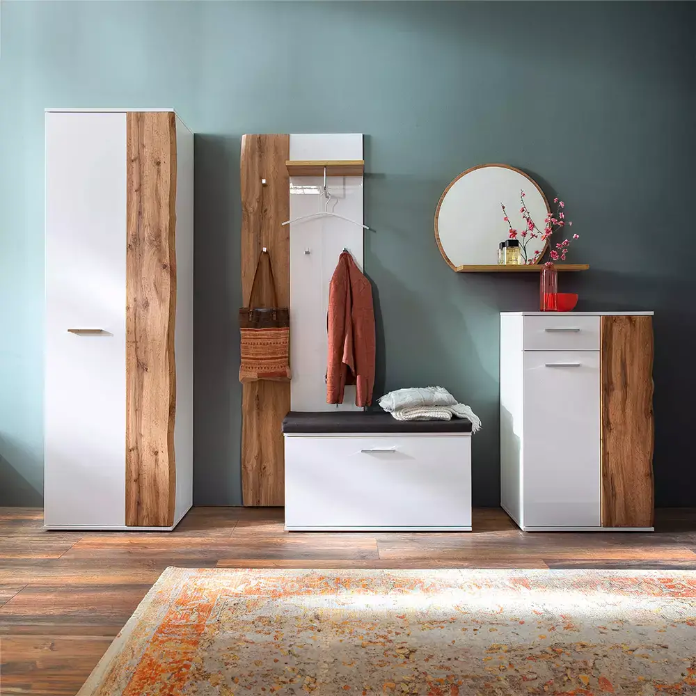 Lomadox Garderobenschrank, weiß Hochglanz mit Eiche, GUARDA-05 Online Outlet