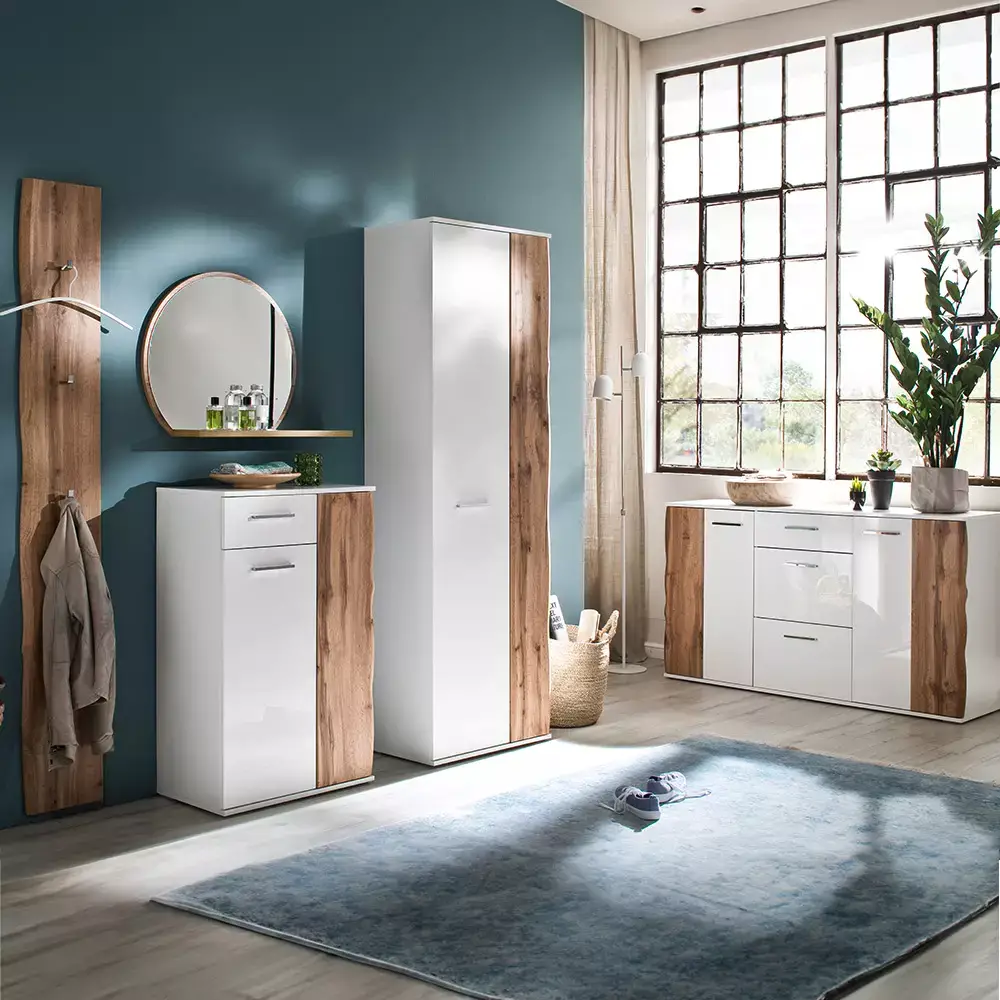 Lomadox Garderobenschrank, weiß Hochglanz mit Eiche, GUARDA-05 Online Outlet
