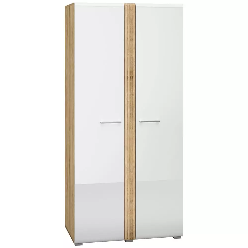 Lomadox Kleiderschrank Garderobenschrank mit 2 Kleiderstangen AKRON-131 Castello Eiche Nb. mit Fronten in weiß Hochglanz, B/H/T: ca. 92/196/56 cm