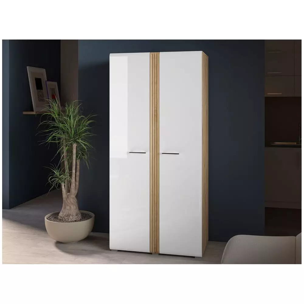 Lomadox Kleiderschrank Garderobenschrank mit 2 Kleiderstangen AKRON-131 Castello Eiche Nb. mit Fronten in weiß Hochglanz, B/H/T: ca. 92/196/56 cm Sonderangebote