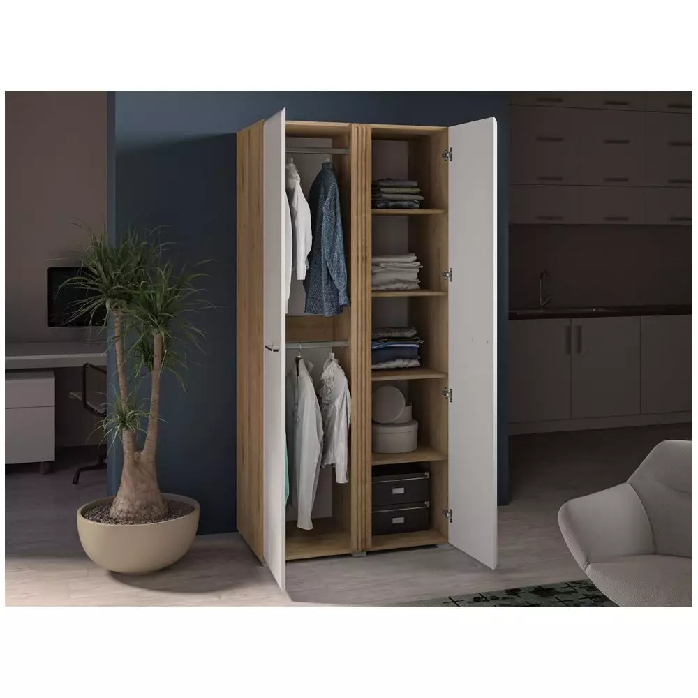 Lomadox Kleiderschrank Garderobenschrank mit 2 Kleiderstangen AKRON-131 Castello Eiche Nb. mit Fronten in weiß Hochglanz, B/H/T: ca. 92/196/56 cm Sonderangebote