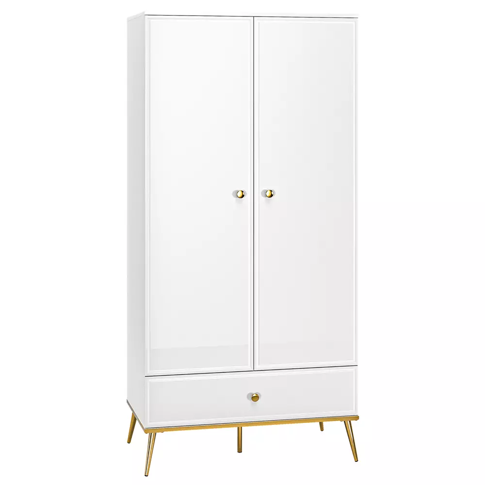 Lomadox Kleiderschrank Garderobenschrank weiß Hochglanz mit 1 Kleiderstange GUBIN-131 Griffe und Füße goldfarben, B/H/T: ca. 92/190/53 cm