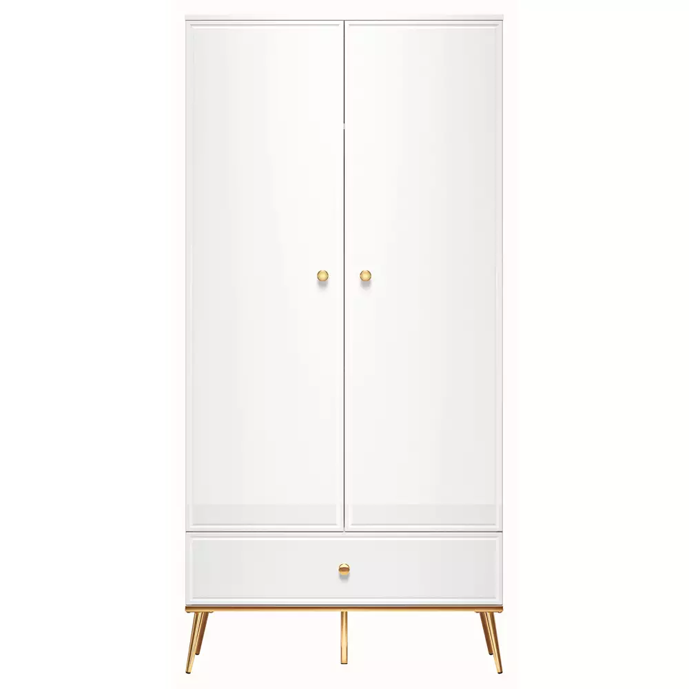 Lomadox Kleiderschrank Garderobenschrank weiß Hochglanz mit 1 Kleiderstange GUBIN-131 Griffe und Füße goldfarben, B/H/T: ca. 92/190/53 cm Riesige Ersparnisse