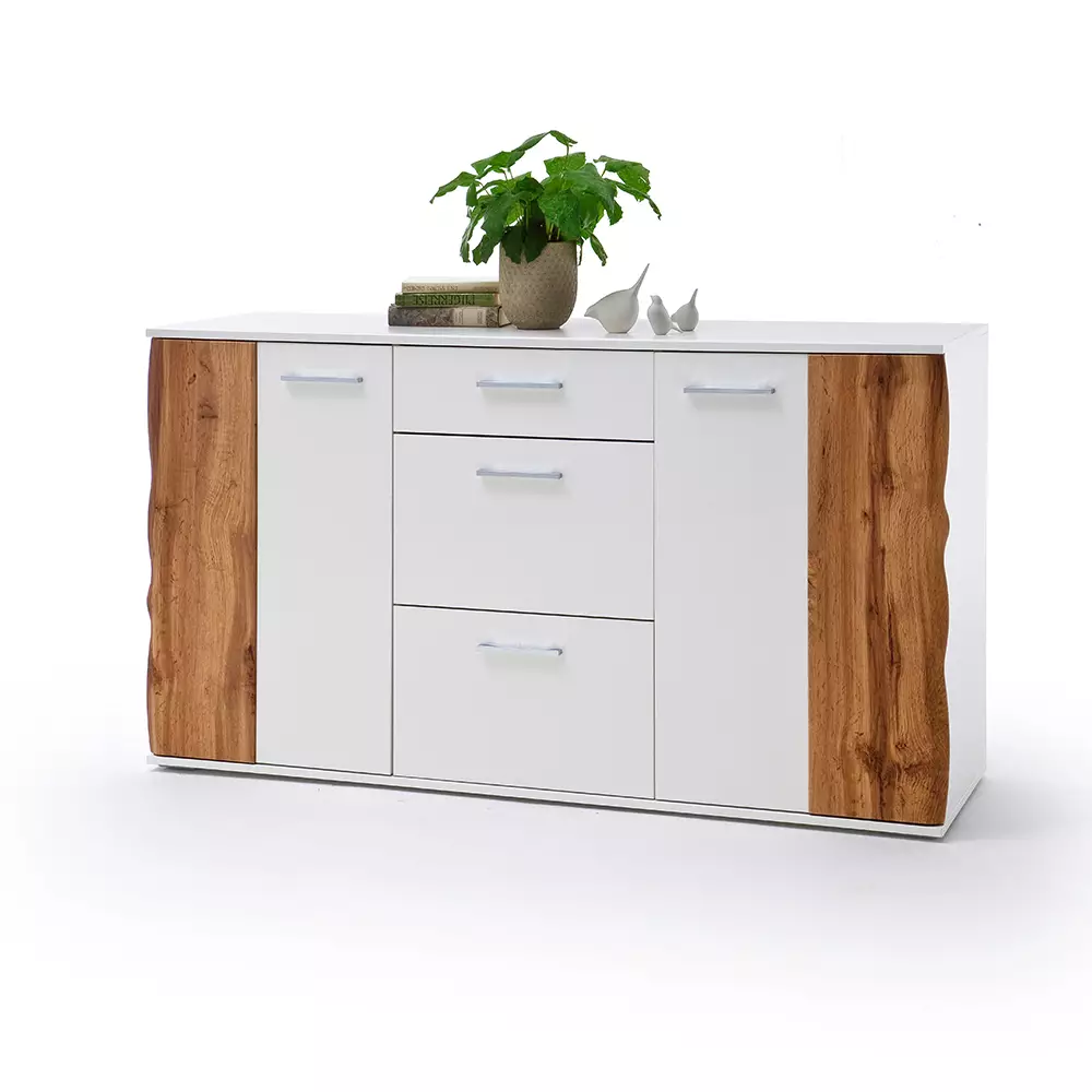 Lomadox Kommode 154cm, weiß Hochglanz mit Eiche, GUARDA-05