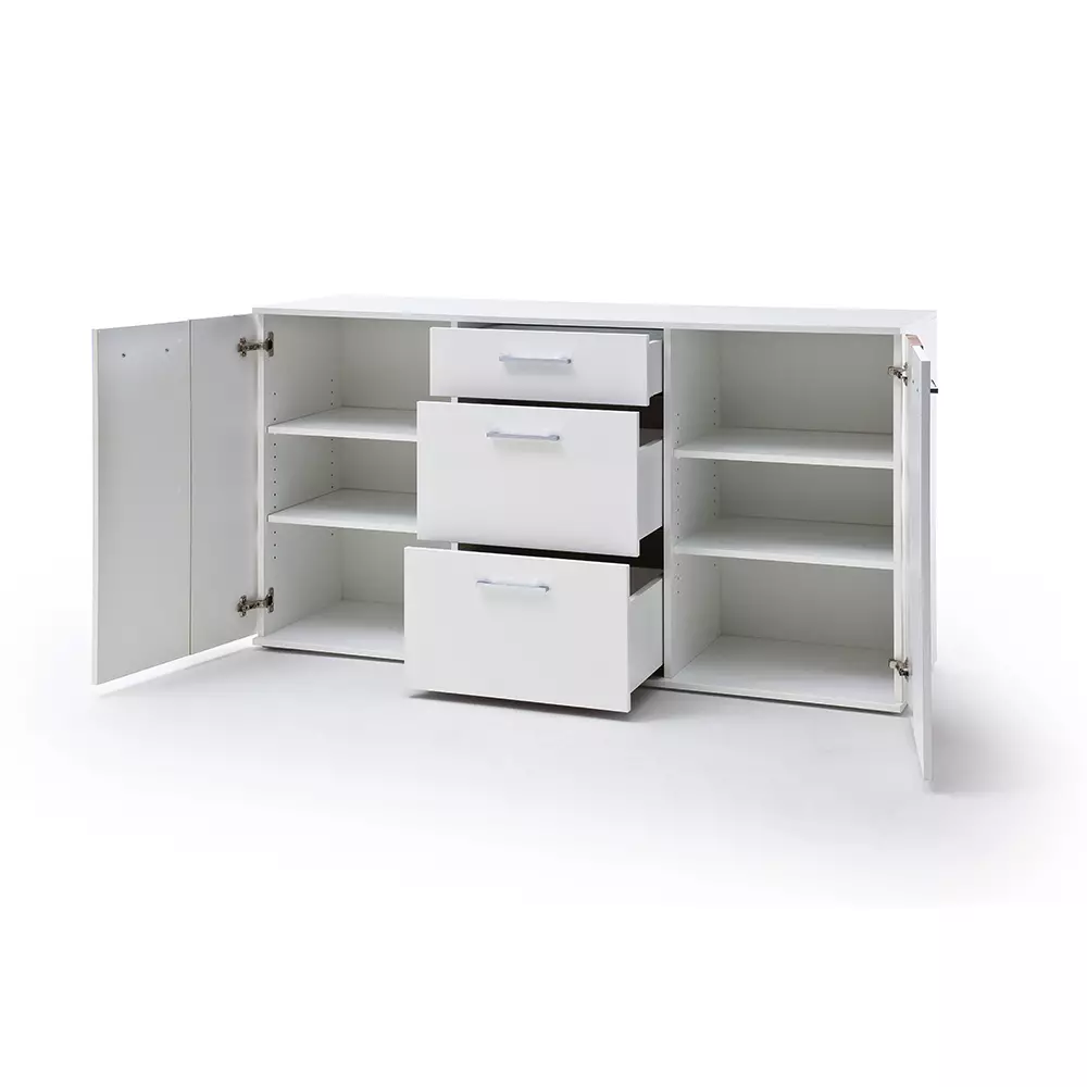 Lomadox Kommode 154cm, weiß Hochglanz mit Eiche, GUARDA-05 Letzte 2 Tage