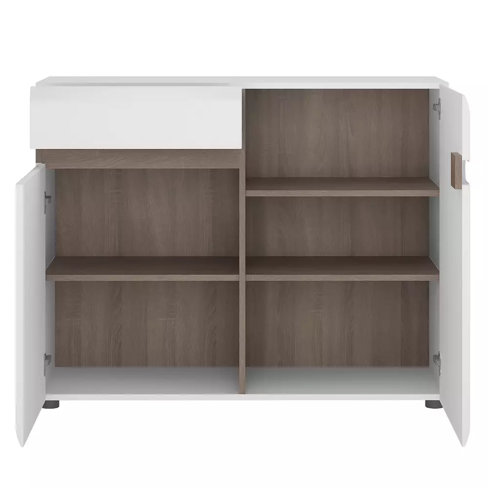 Lomadox Kommode 2-türig LEGNICA-129 in weiß Hochglanz mit Trüffel Eiche Nb., B/H/T ca. 109,5/86,5/42 cm Letzter Tag