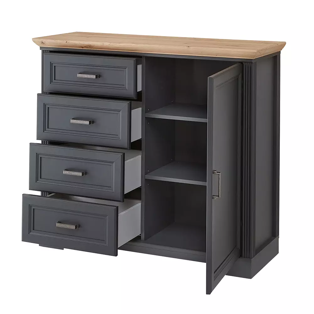 Lomadox Kommode Landhausstil mit 4 Schubkästen JÜLICH-36 in graphit mit Artisan Eiche Nb., B/H/T ca. 115/102/41 cm Bis zu 55% Rabatt