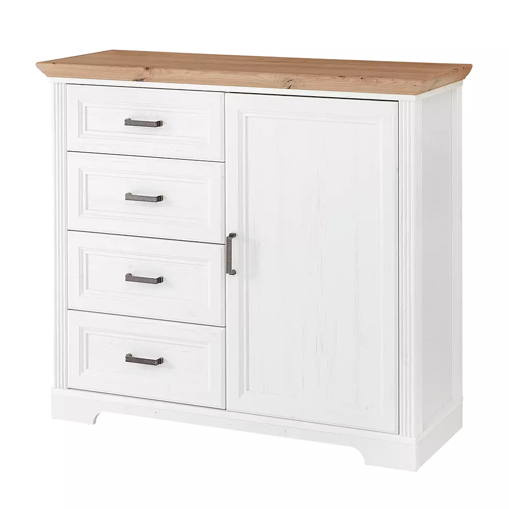 Lomadox Kommode Landhausstil mit 4 Schubkästen JÜLICH-36 in Pinie weiß Nb. mit Artisan Eiche Nb., B/H/T ca. 115/102/41 cm Discount Store für neue Produkte