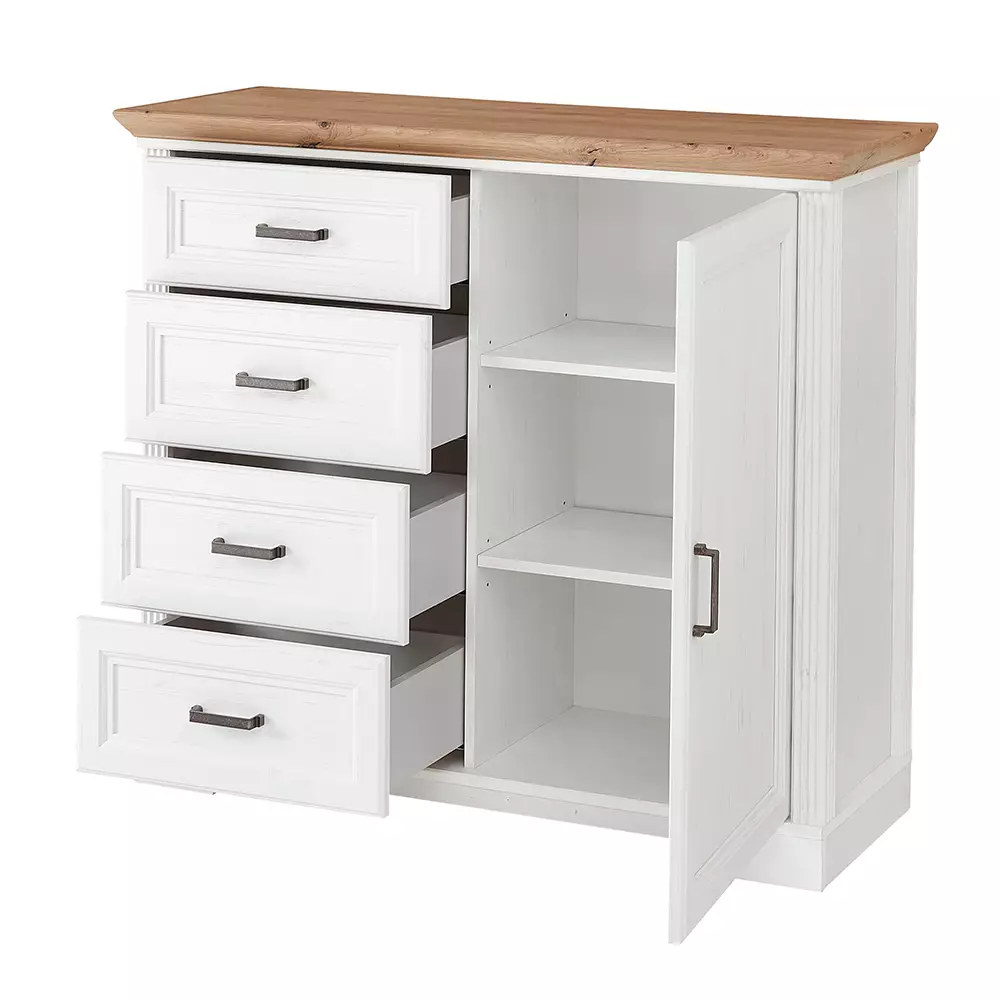 Lomadox Kommode Landhausstil mit 4 Schubkästen JÜLICH-36 in Pinie weiß Nb. mit Artisan Eiche Nb., B/H/T ca. 115/102/41 cm Discount Store für neue Produkte
