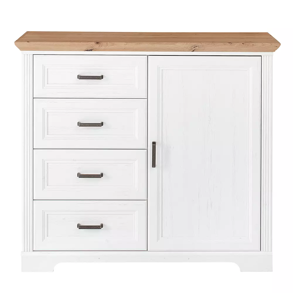 Lomadox Kommode Landhausstil mit 4 Schubkästen JÜLICH-36 in Pinie weiß Nb. mit Artisan Eiche Nb., B/H/T ca. 115/102/41 cm Discount Store für neue Produkte
