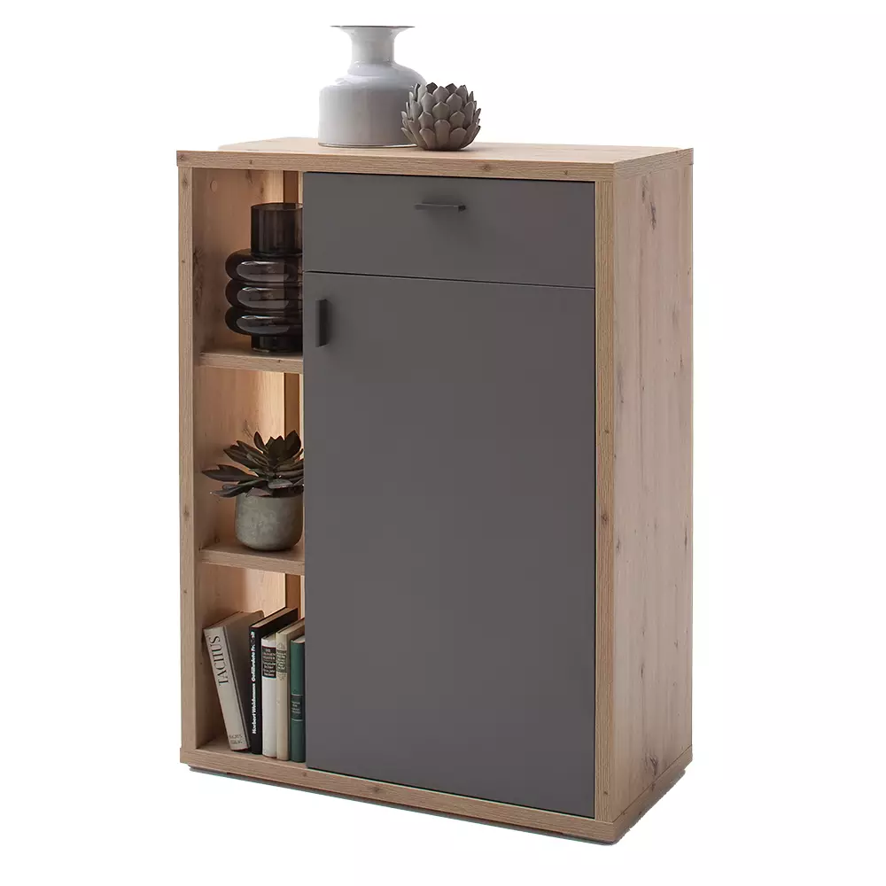 Lomadox Kommode, optionale Beleuchtung, grau matt, Eiche LAKELAND-05 zollfrei