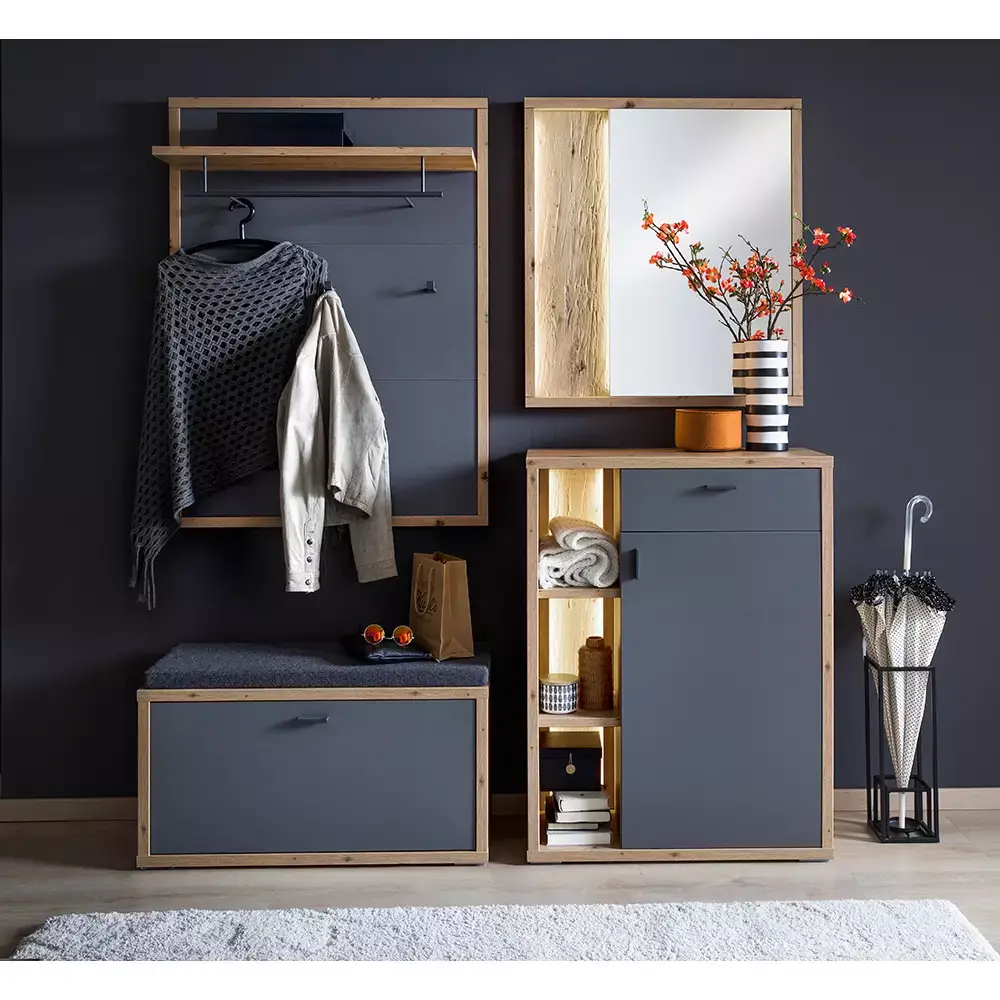 Lomadox Kommode, optionale Beleuchtung, grau matt, Eiche LAKELAND-05 zollfrei