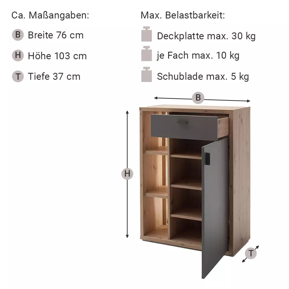 Lomadox Kommode, optionale Beleuchtung, grau matt, Eiche LAKELAND-05 zollfrei