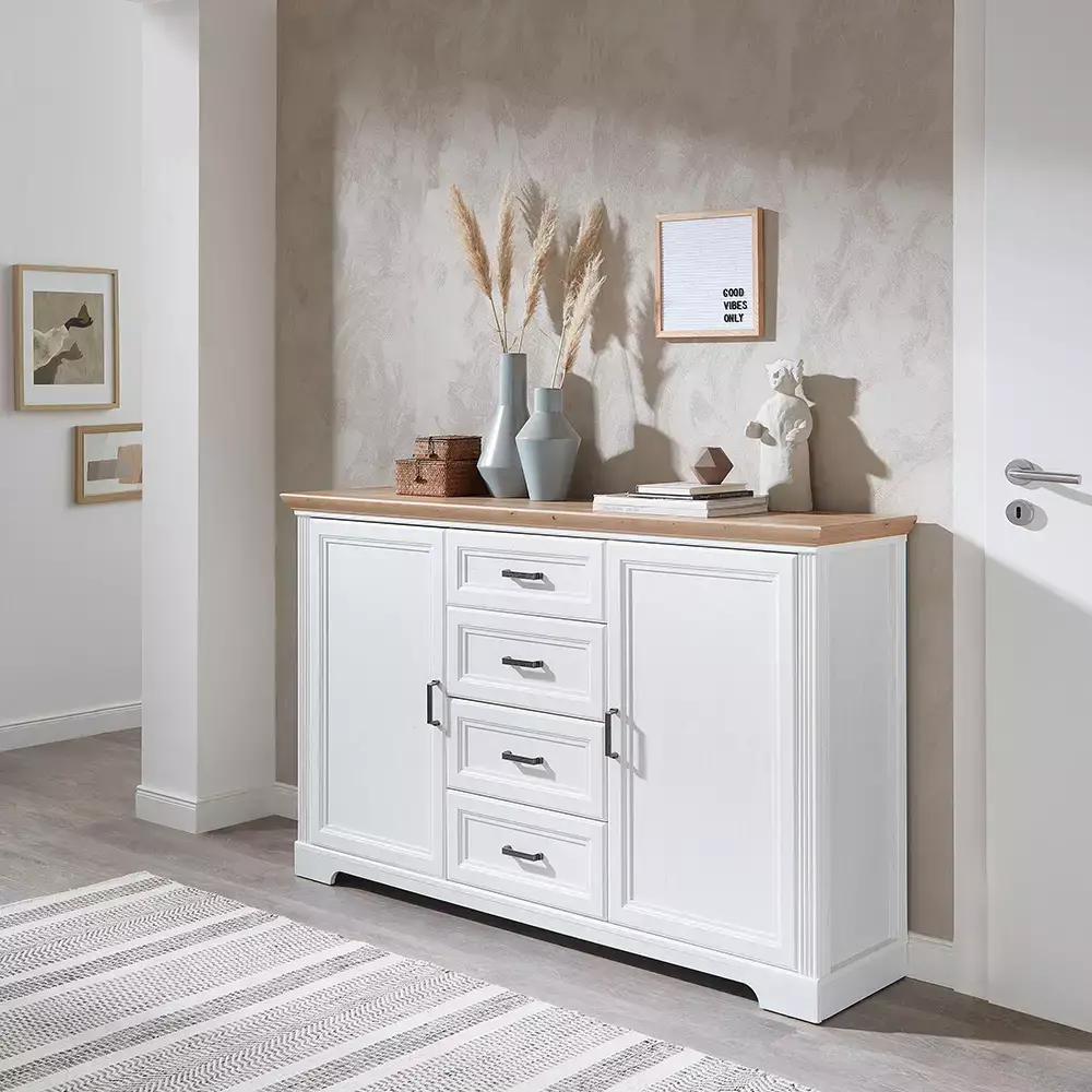 Lomadox Landhaus Sideboard mit 4 Schubkästen JÜLICH-36 in Pinie weiß Nb. mit Artisan Eiche Nb., B/H/T ca. 165/102/41 cm Outlet