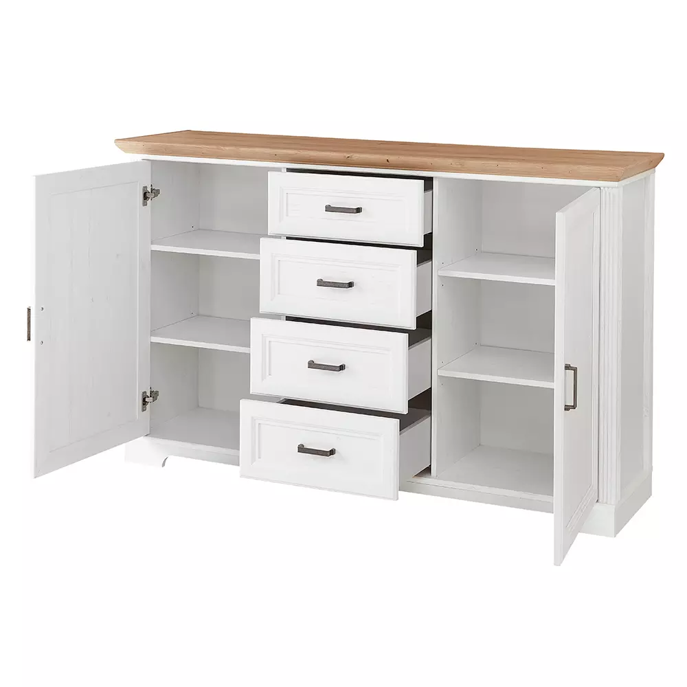 Lomadox Landhaus Sideboard mit 4 Schubkästen JÜLICH-36 in Pinie weiß Nb. mit Artisan Eiche Nb., B/H/T ca. 165/102/41 cm Outlet