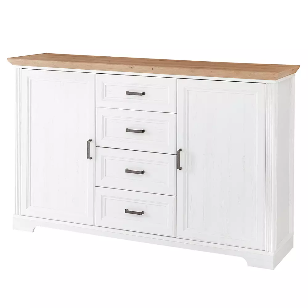 Lomadox Landhaus Sideboard mit 4 Schubkästen JÜLICH-36 in Pinie weiß Nb. mit Artisan Eiche Nb., B/H/T ca. 165/102/41 cm Outlet