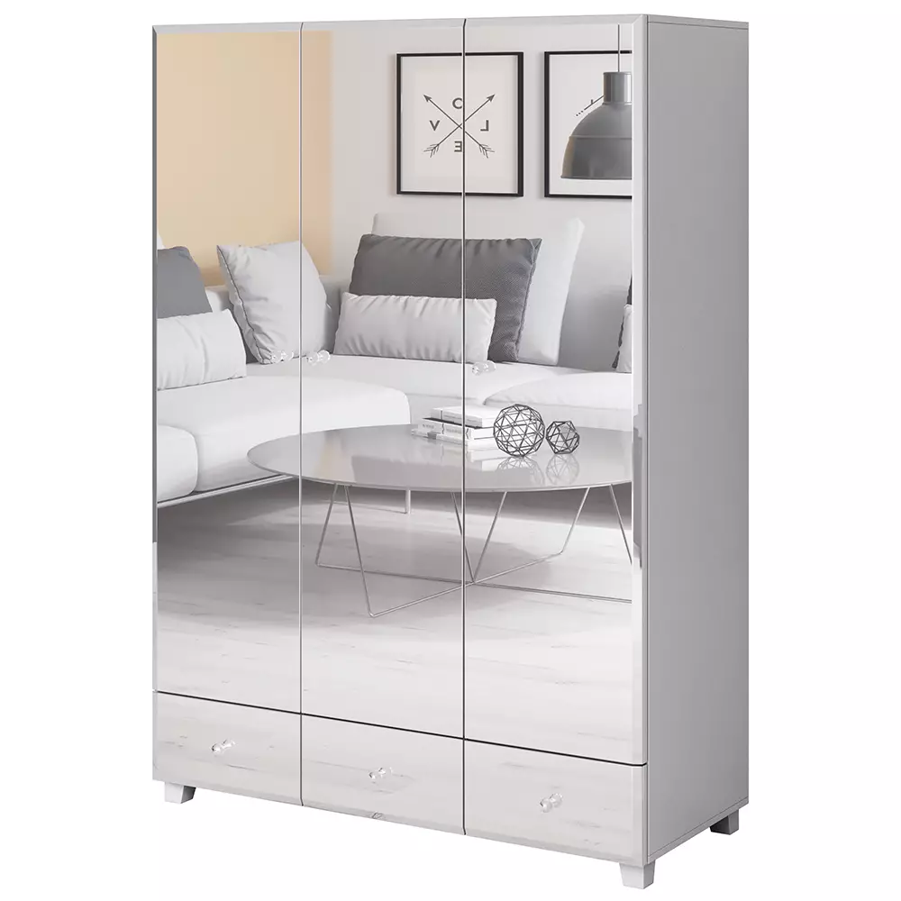 Lomadox Schlafzimmer Kleiderschrank mit Spiegel Fronten BUCCERI-83 weiß, 3-türig mit 3 Schubkästen, B/H/T: ca. 129/185/55 cm