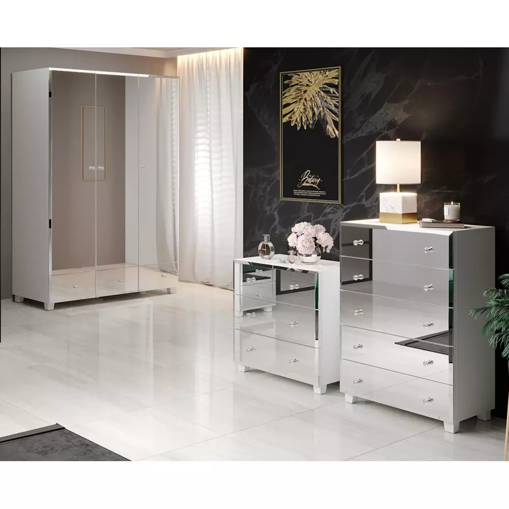 Lomadox Schlafzimmer Kleiderschrank mit Spiegel Fronten BUCCERI-83 weiß, 3-türig mit 3 Schubkästen, B/H/T: ca. 129/185/55 cm Weihnachtsangebot