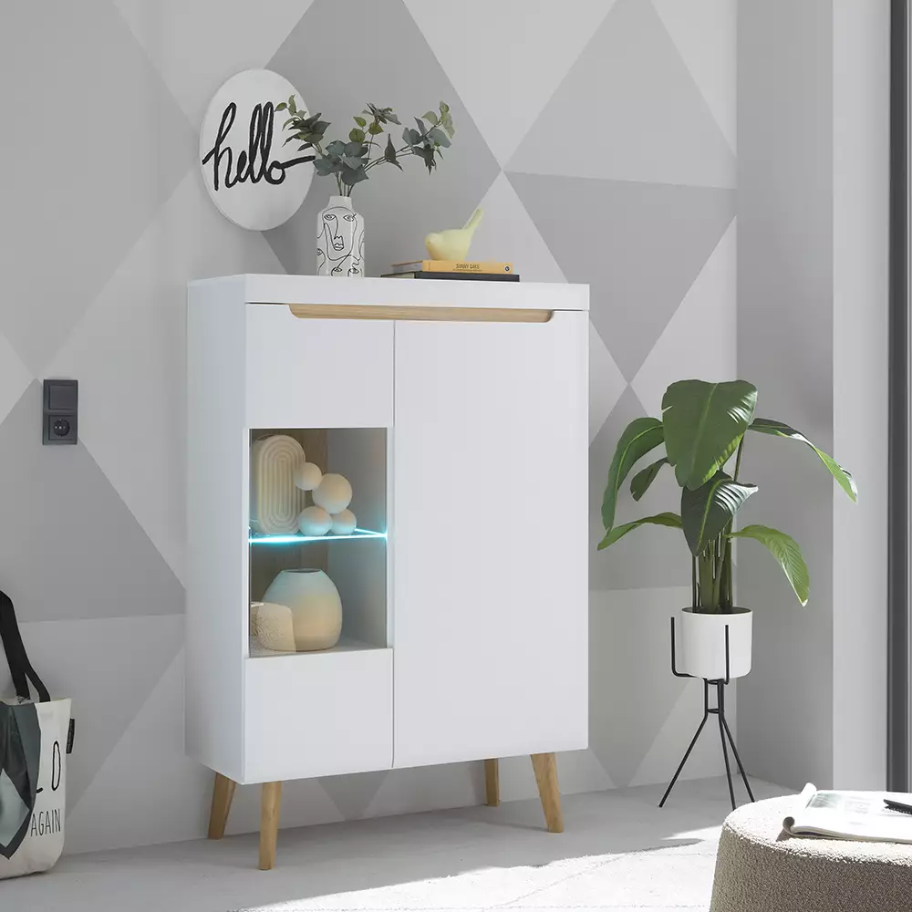 Lomadox Anbauwand in Weiß Matt mit Eiche STOCKTON-61, 5-teilig inkl. Couchtisch Blitzangebot