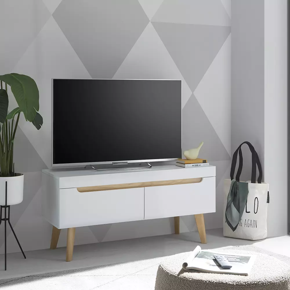 Lomadox Anbauwand in Weiß Matt mit Eiche STOCKTON-61, 5-teilig inkl. Couchtisch Blitzangebot