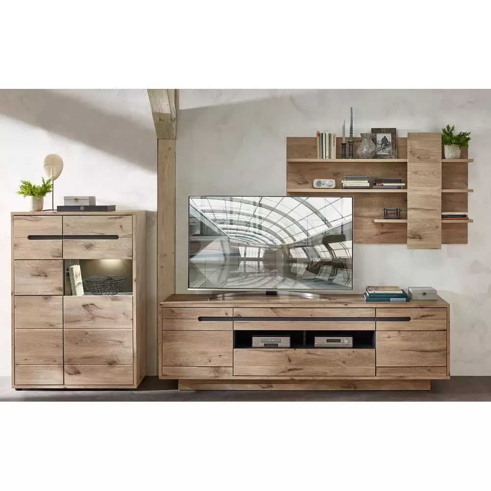 Lomadox Anbauwand mit LED Beleuchtung BURNHAM-36 in Eiche Nb. mit graphit, B/H/T ca. 332/186/44 cm