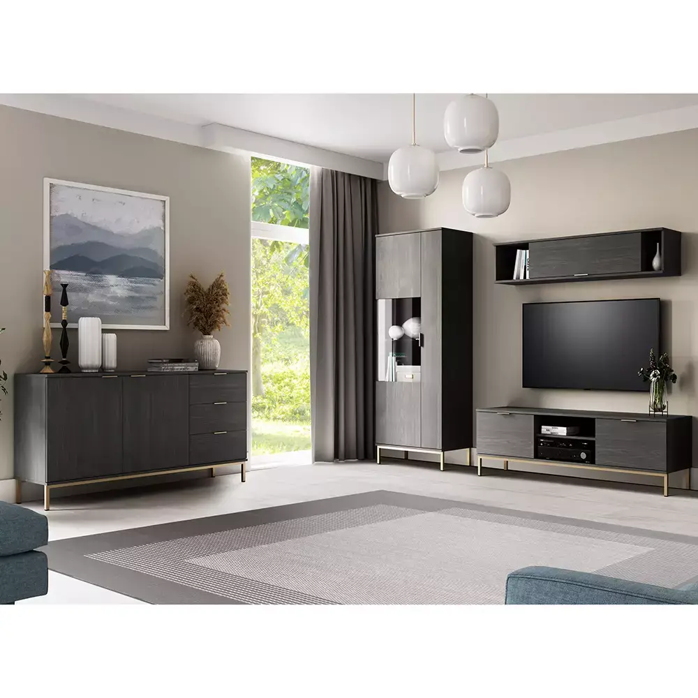 Lomadox Anbauwand mit Sideboard PERIA-132, LED Glasbodenbeleuchtung, Esche schwarz Nb. mit goldfarbenen Metallfüßen und -griffen Neuheiten
