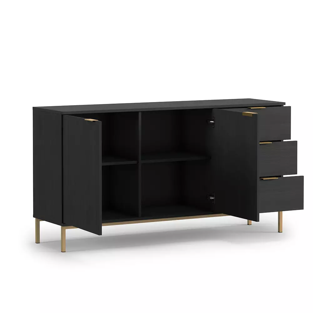 Lomadox Anbauwand mit Sideboard PERIA-132, LED Glasbodenbeleuchtung, Esche schwarz Nb. mit goldfarbenen Metallfüßen und -griffen Neuheiten