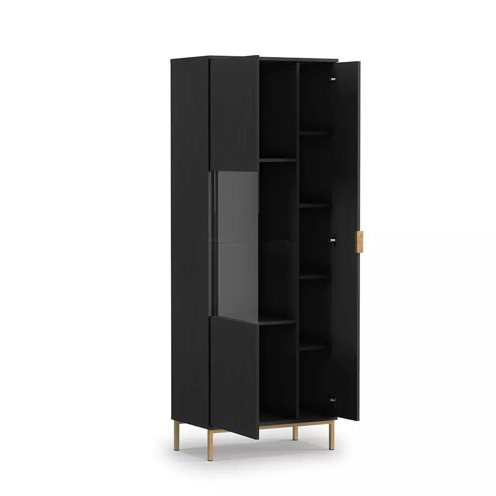 Lomadox Anbauwand mit Sideboard PERIA-132, LED Glasbodenbeleuchtung, Esche schwarz Nb. mit goldfarbenen Metallfüßen und -griffen Neuheiten