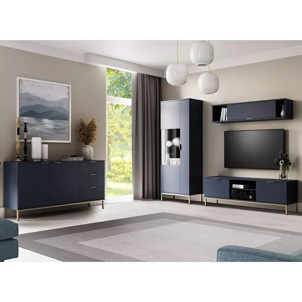 Lomadox Anbauwand mit Sideboard PERIA-132, LED Glasbodenbeleuchtung, Marineblau mit goldfarbenen Metallfüßen und -griffen Bestseller