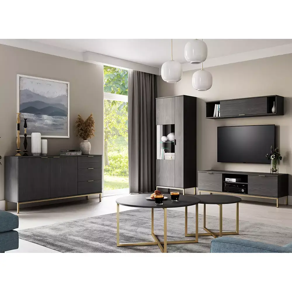 Lomadox Anbauwand mit Sideboard und Couchtischen PERIA-132, LED Glasbodenbeleuchtung, Esche schwarz Nb. mit goldfarbenen Metallfüßen und -griffen