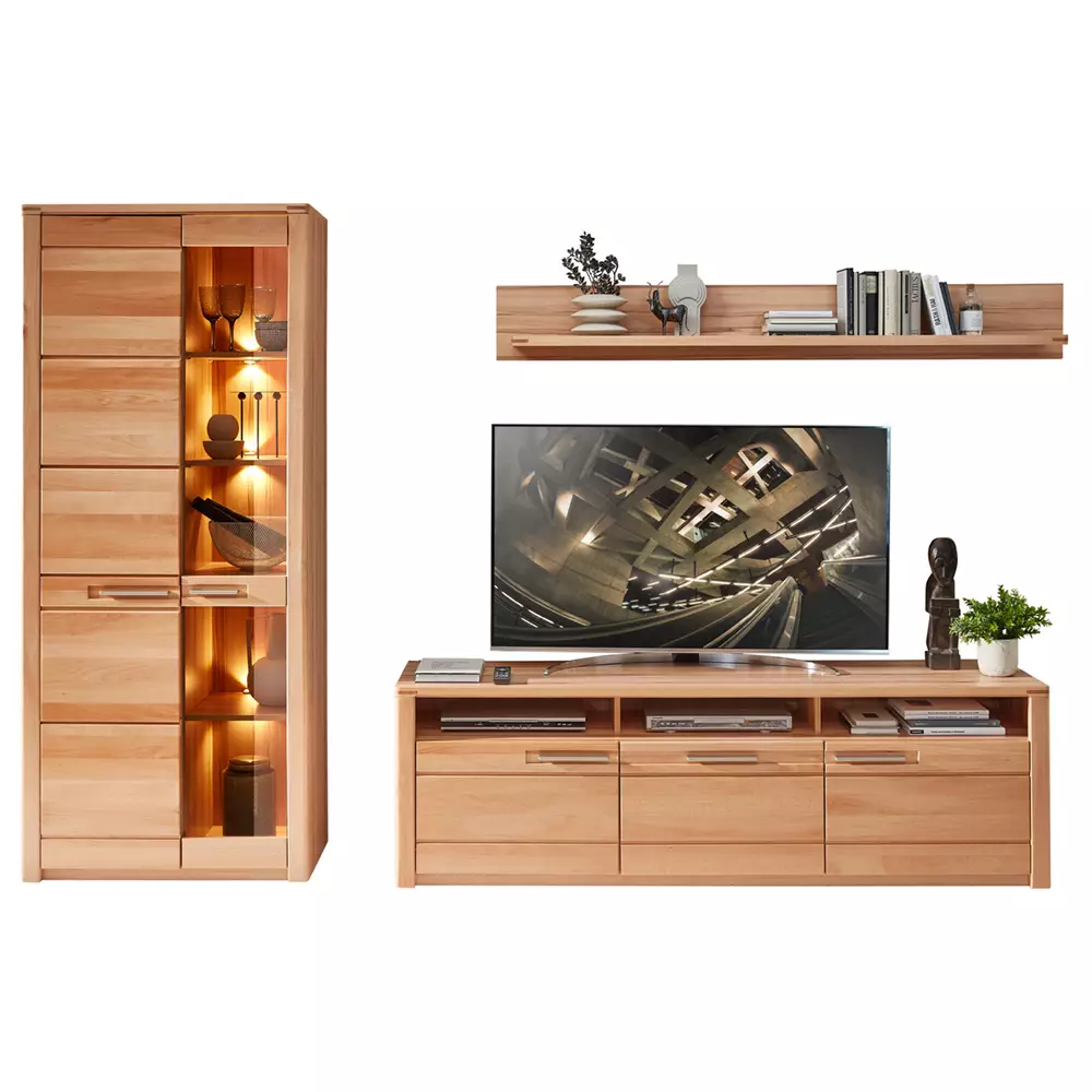 Lomadox Anbauwand Wohnwand inkl. Beleuchtung, Front Kernbuche massiv NEWTON-36