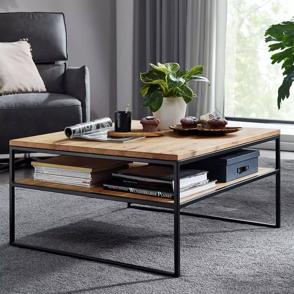 Lomadox Beistelltisch Couchtisch 75 cm in Wildeiche massiv geölt WELLINGTON-69, B/H/T ca. 75/40/75 cm