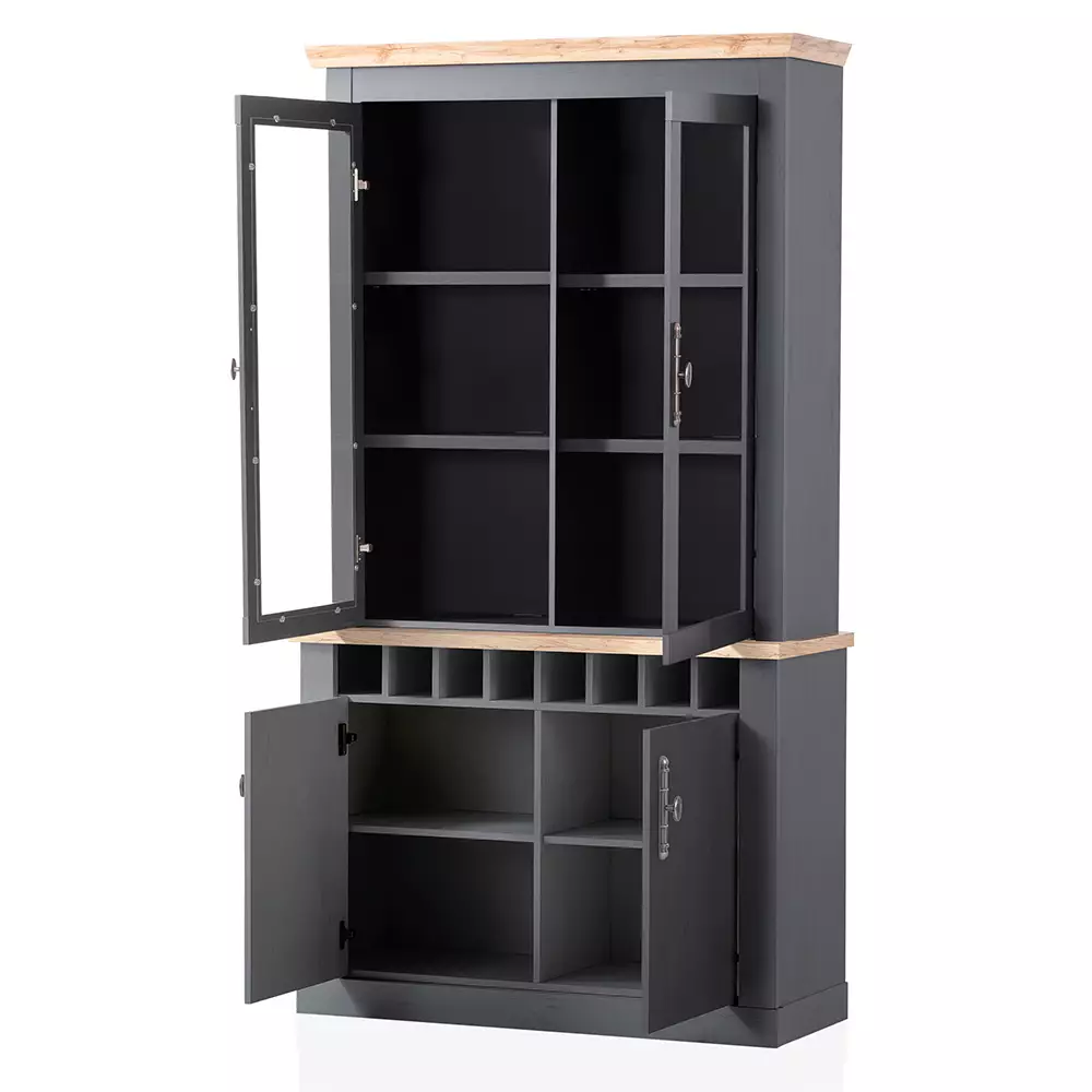 Lomadox Buffetvitrine im Landhaus Stil CESENA-61 in anthrazit mit Wotan Eiche Nb., B/H/T ca. 110/201/38 cm Letzte 2 Tage
