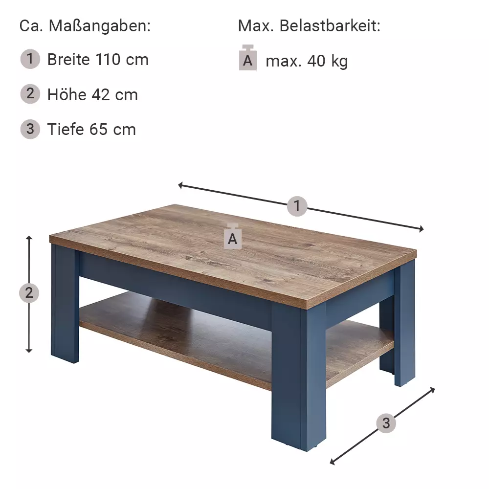 Lomadox Couchtisch 110 cm Landhausstil mit Ablageboden DEVON-36 in blau mit Eiche Nb., B/H/T ca. 110/42/65 cm Bis zu 60% Rabatt