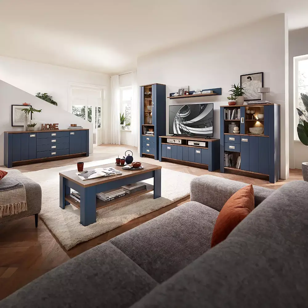 Lomadox Couchtisch 110 cm Landhausstil mit Ablageboden DEVON-36 in blau mit Eiche Nb., B/H/T ca. 110/42/65 cm Bis zu 60% Rabatt