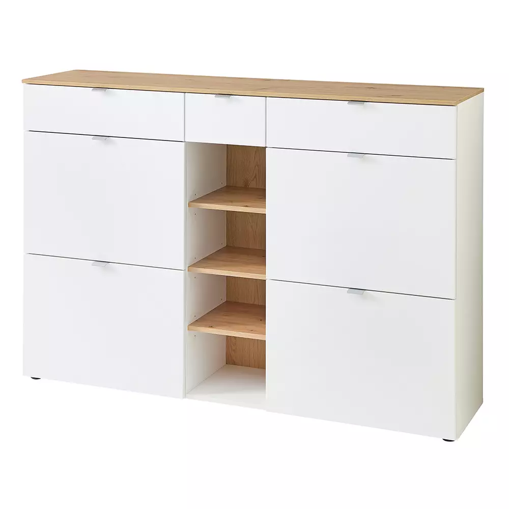 Lomadox Schuhschrank mit 4 Klappen weiß matt mit Eiche BLISS-36