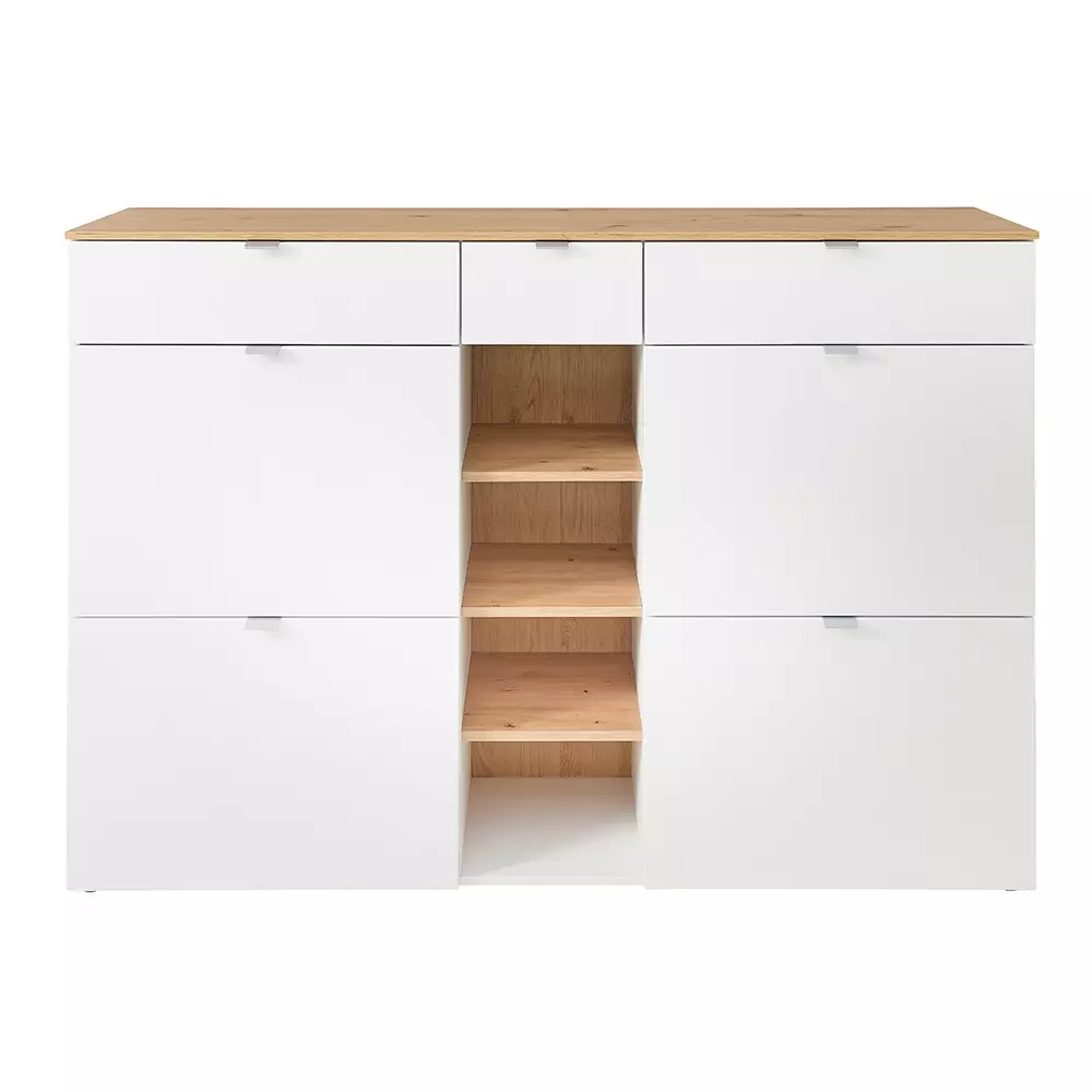 Lomadox Schuhschrank mit 4 Klappen weiß matt mit Eiche BLISS-36 Clearance-Verkauf