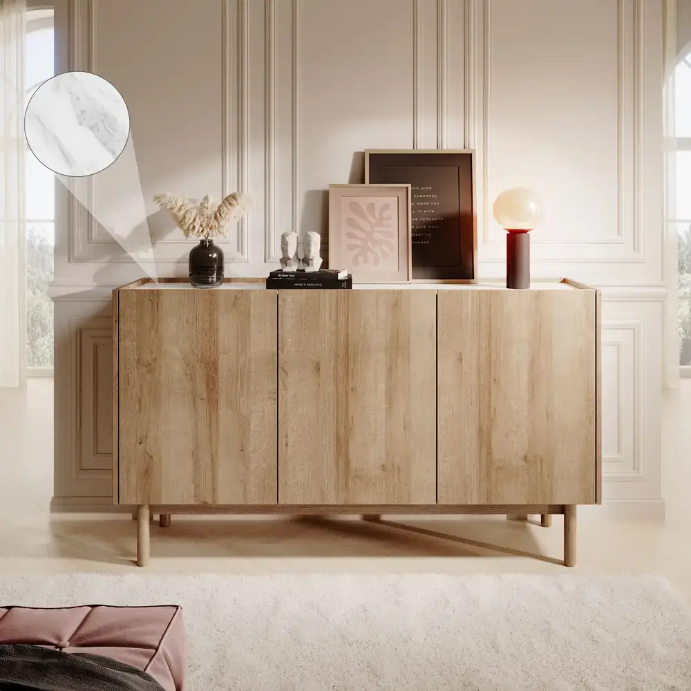 Lomadox Sideboard in Eiche mit Marmor weiß BILLUND-160 Boho Style